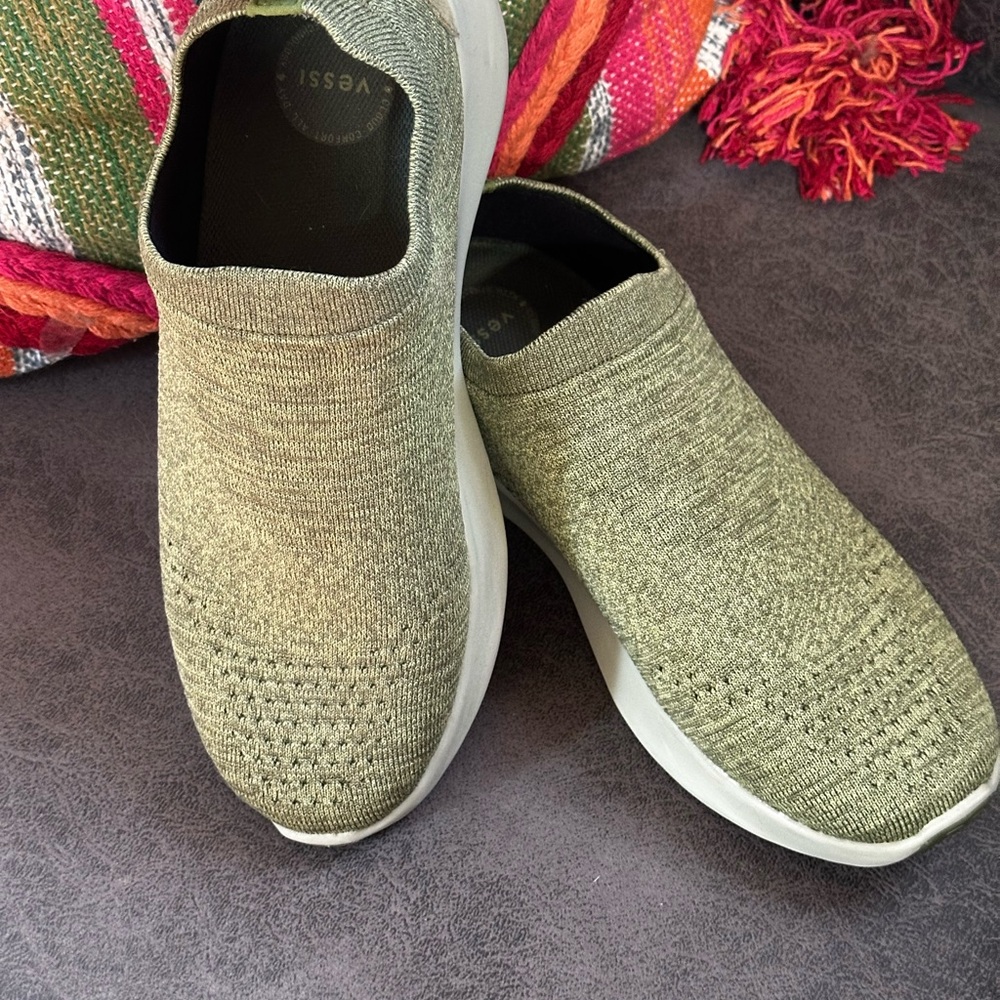 Vessi Olive Green Slip-On Knit Sneakers.